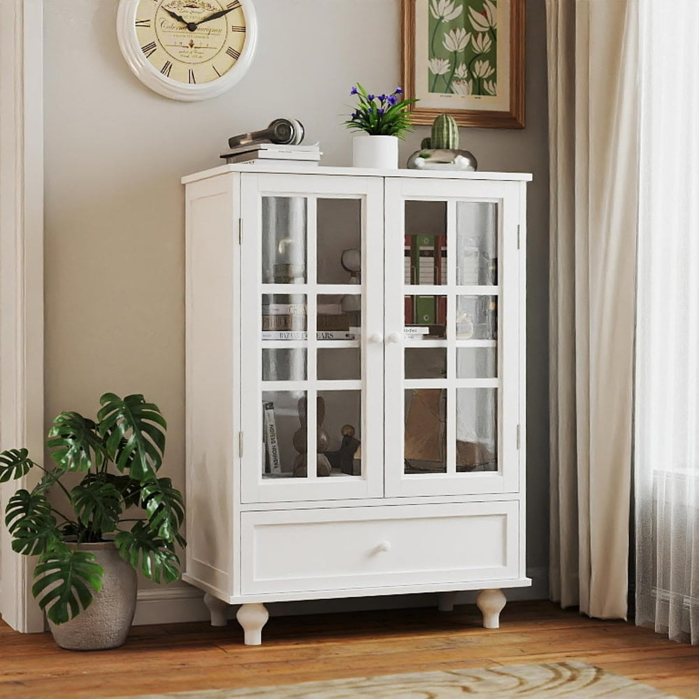 KEIKI Sideboard Buffet Cabinet with Glass Doors and Drawer, Wooden Storage Ca...