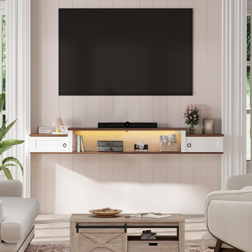 Farmhouse Floating TV Stand for 80" TVs, with LED Light & Outlet | 7...