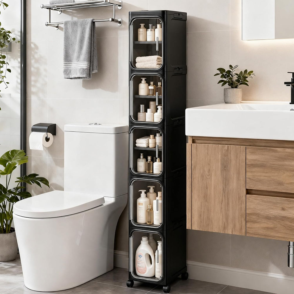 5-Tier Tall Narrow Slim Bathroom Storage Cabinet, Black | Tool Free Assembly,...
