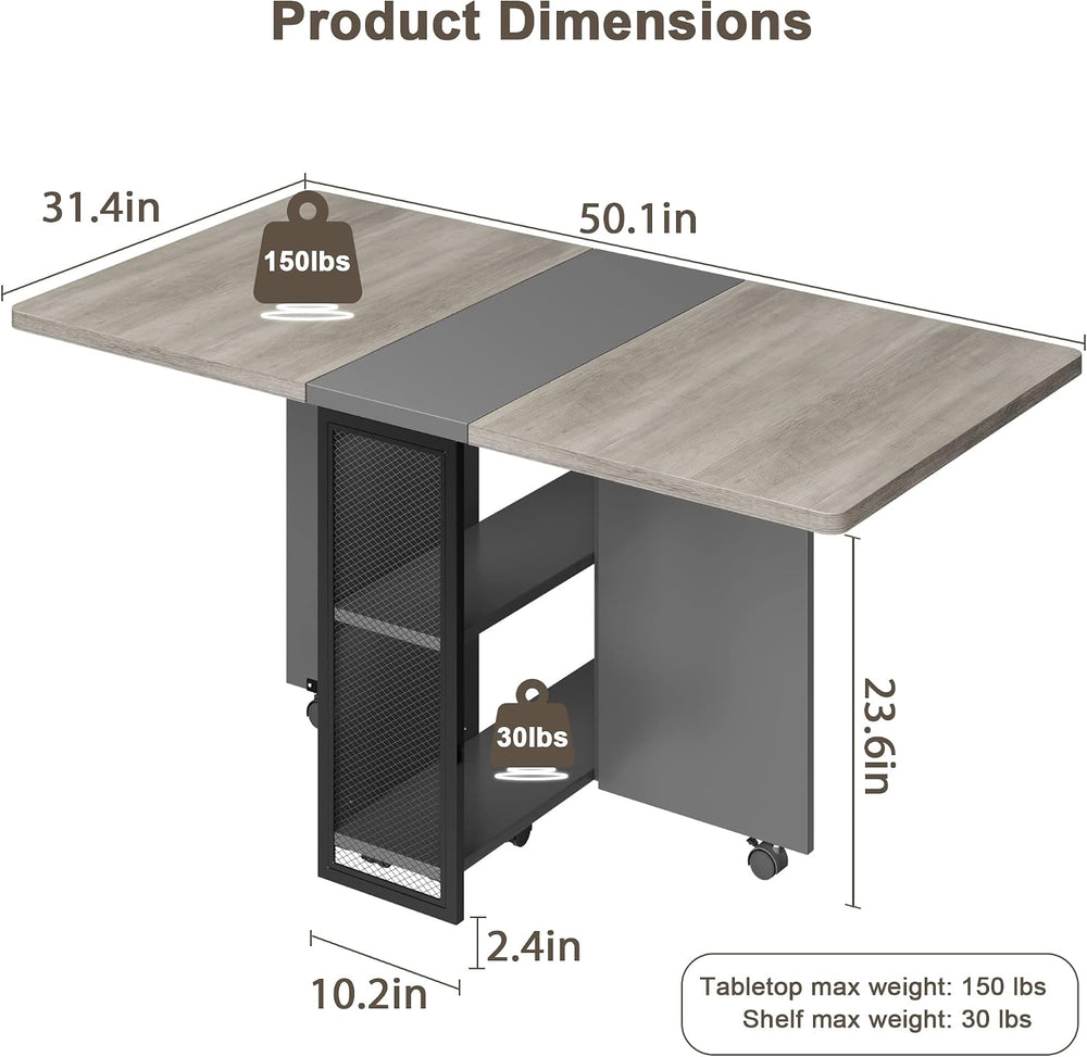 IDEALHOUSE FoldingTable, Drop Leaf Dining Table with 6 Wheels and 2-Layer Sto...