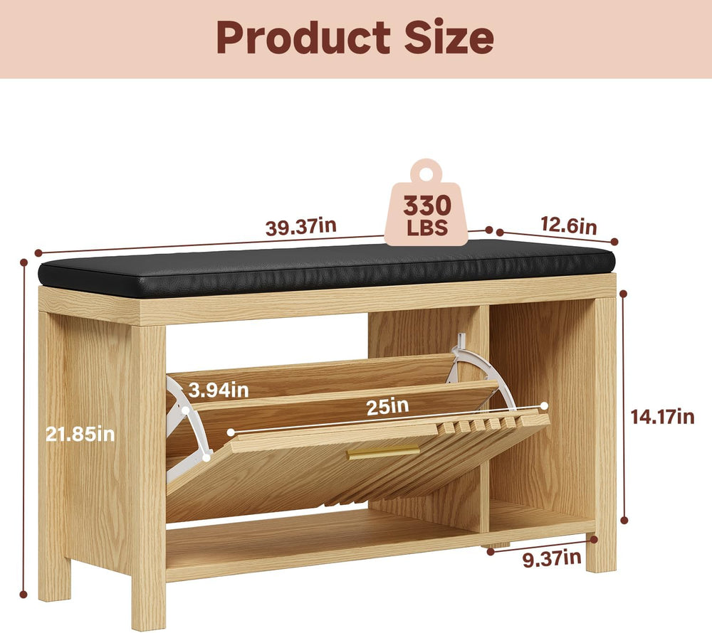 UNIQUITE Shoe Storage Bench with Flip Drawers, Padded Seat Cushion, 39.4"...