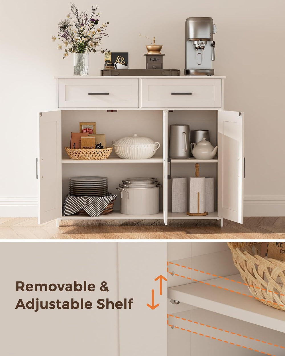 Coffee Bar Storage Cabinet with Drawers, Kitchen Buffet Cabinet