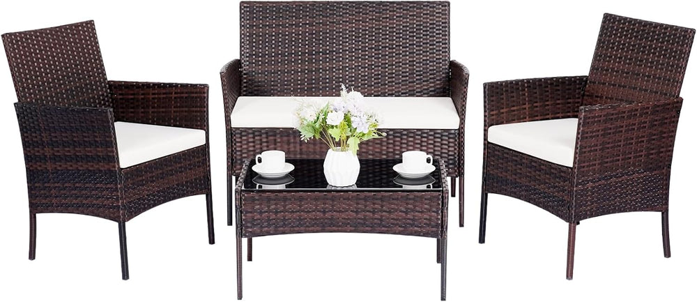 Patio Furniture Set 4 Pieces, Outdoor Rattan Furniture with Tempered Glass Co...