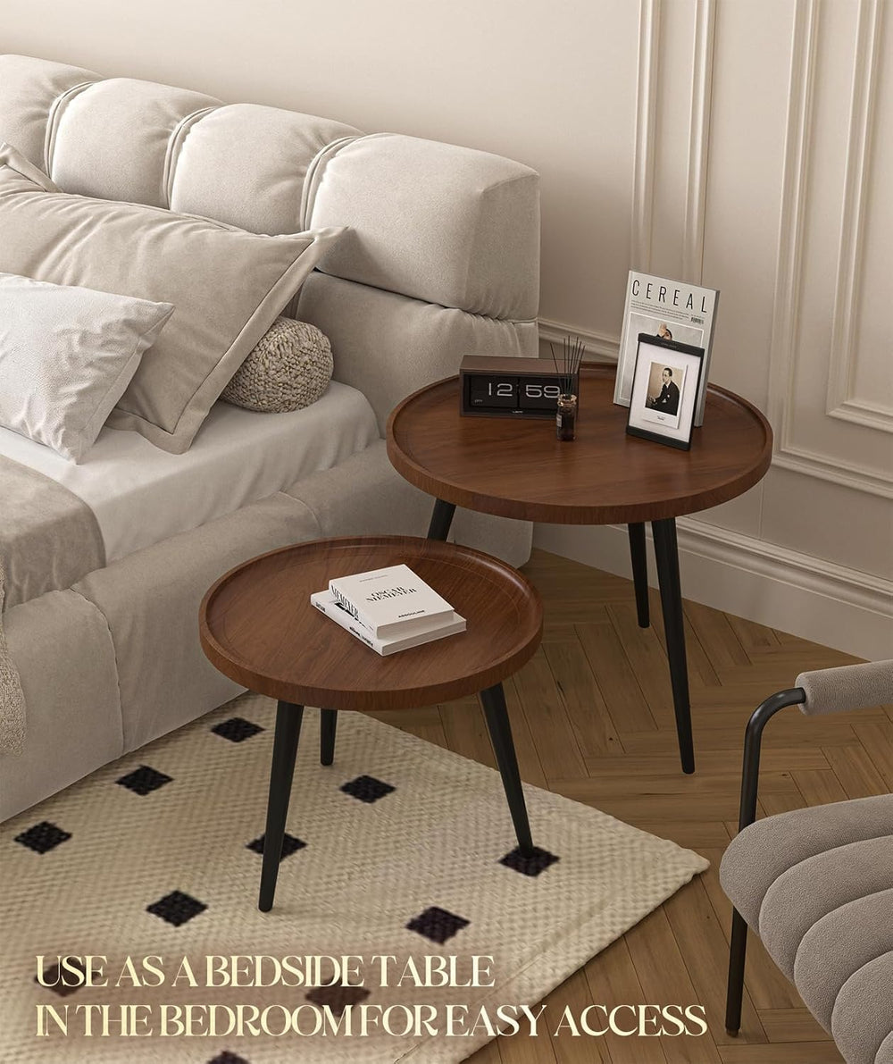 2-Piece Walnut Coffee Table,Durable Mid Century Small Round Coffee Tables for...