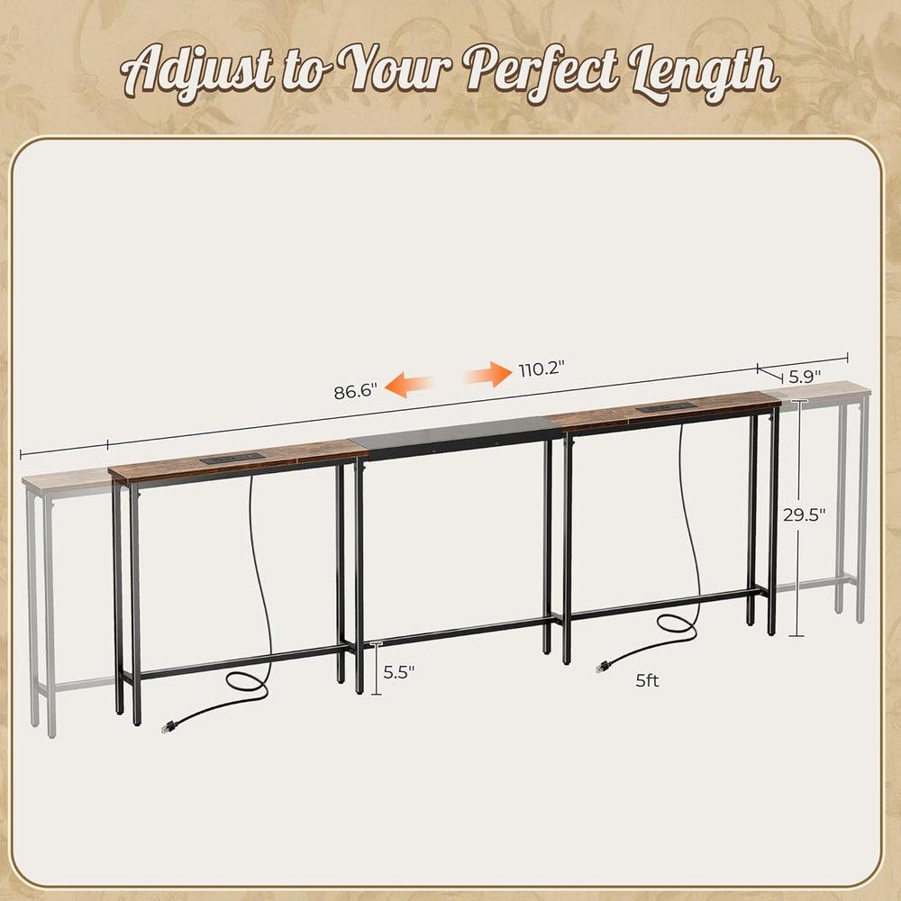Huuger Narrow Sofa Table with 2 Power Outlets, 86.6-110.2 Inch Adjustable Len...