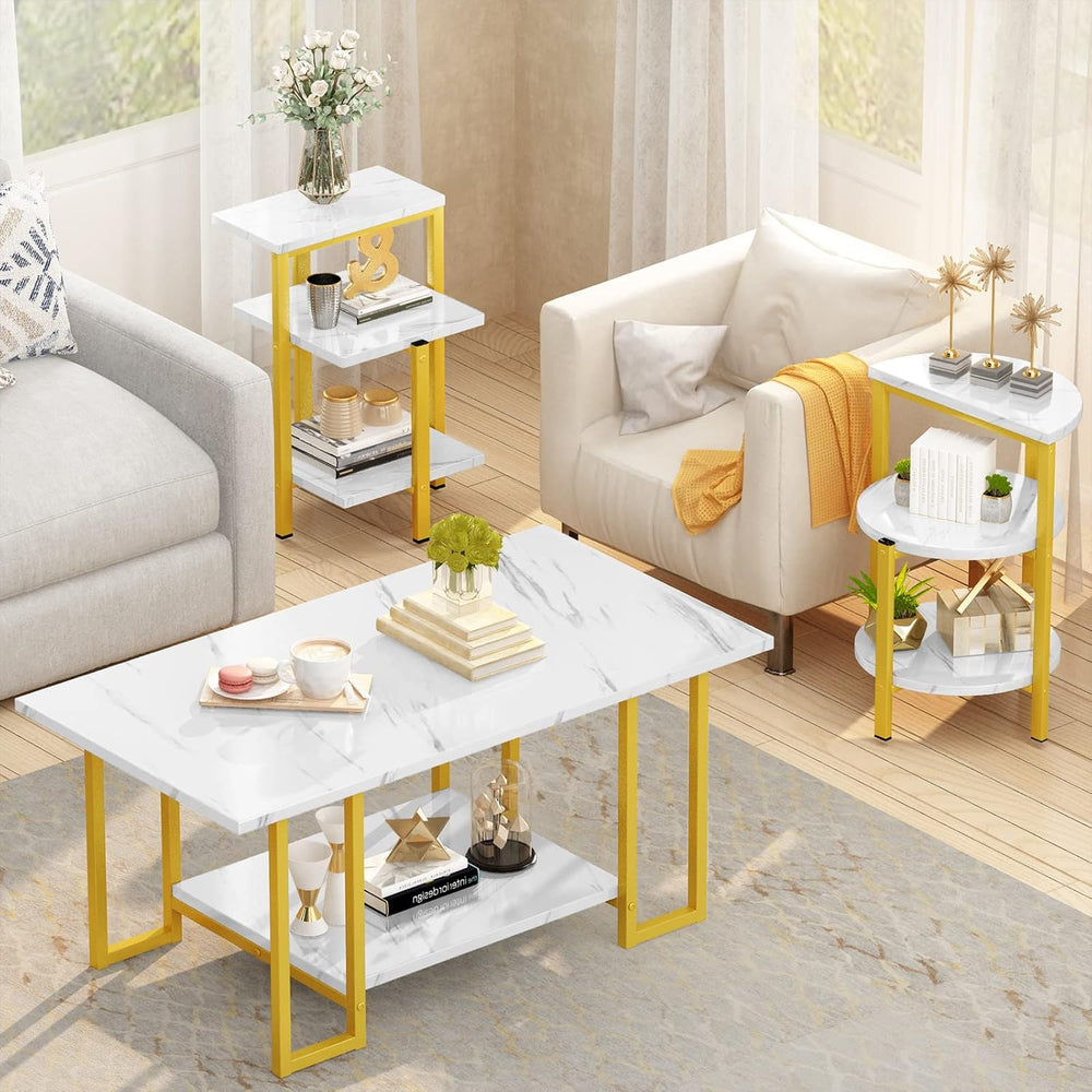 Coffee Table Set of 3, Faux Marble Coffee Table & 2pcs End Table with Met...