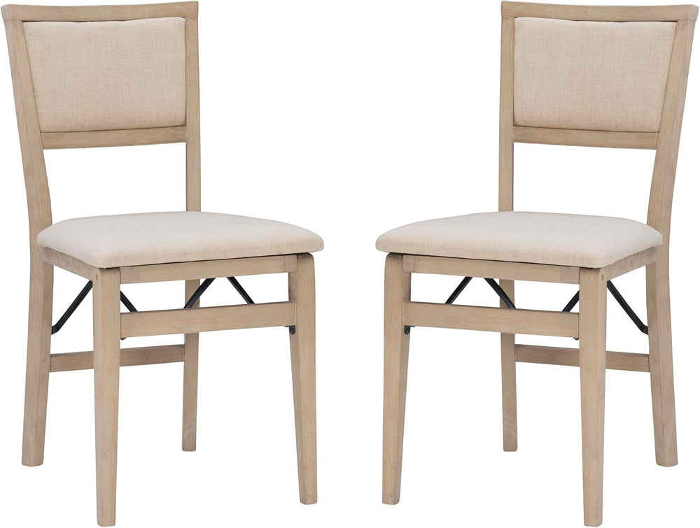 Linon Keira Natural Rustic Wooden Folding Chair with Beige Upholstered Seat a...