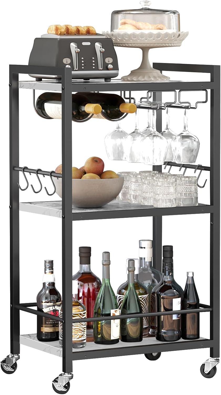 TUTOTAK Bar Cart with Wheels, Drink Cart with Wine Rack and Glass Holder