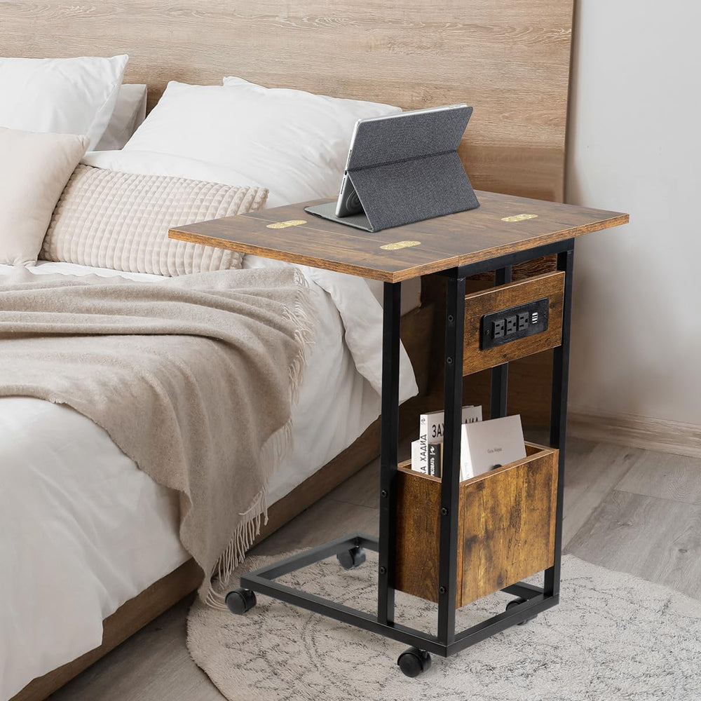 Hadulcet C Shaped End Table with Charging Station & Foldable Tabletop, Fo...