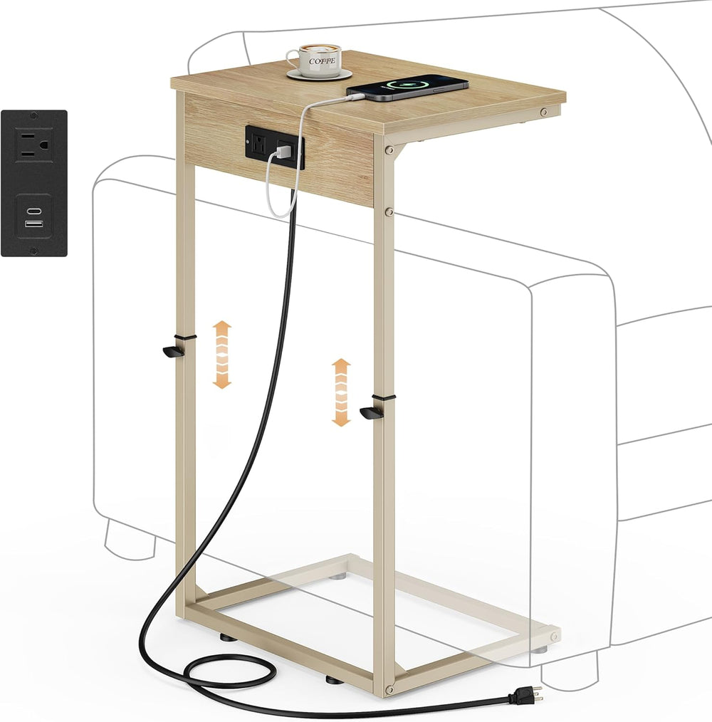 Vagusicc C Shaped End Table with Charging Station, Adjustable Height Side Tab...