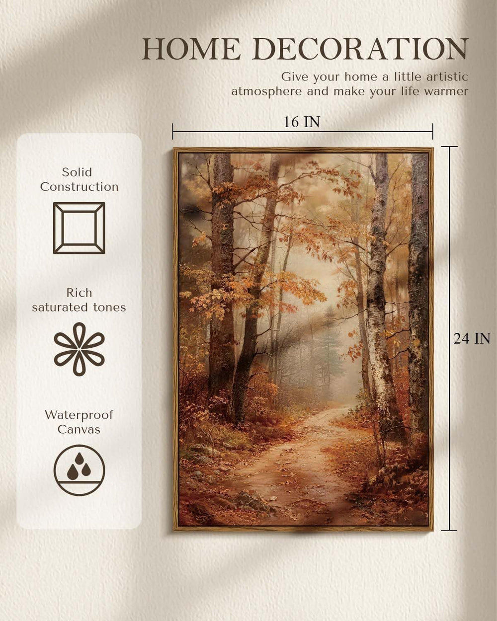 Autumn Forest Framed Canvas Wall Art 16x24 Trees Leaves Trail Artwork, Woodla...