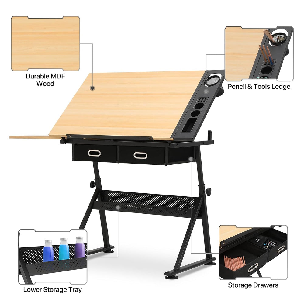 MoNiBloom 39‘’ Adjustable Drafting Table & Stool Set with Storage, Natura...