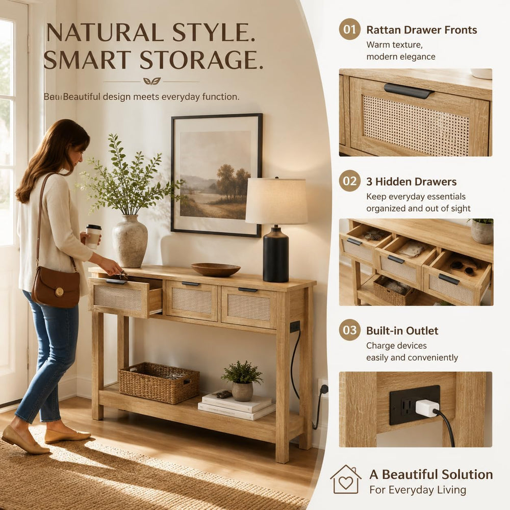 Luoxiao Entryway Table with Outlets & USB-C, 3 Drawers Rattan Console Tab...
