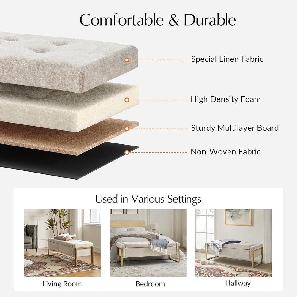 Modern Storage Ottoman Bench with Gold Metal Legs Upholstered Footrest End-of...