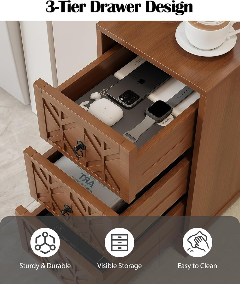 Kavie Wood Narrow Tall End Tables, Nightstand with Open Shelf & 3 Drawers...