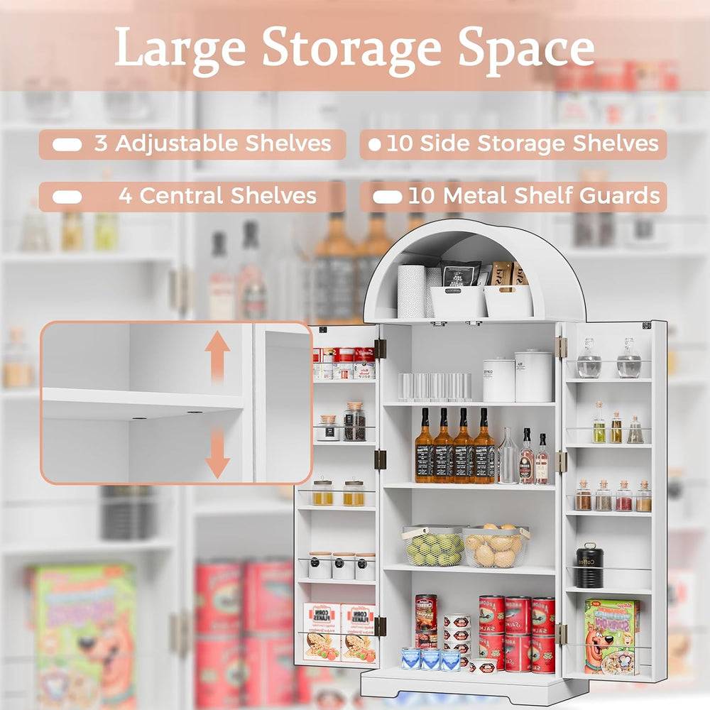 65" H Arched Kitchen Pantry, Modern Cupboard Storage Cabinet with 10 Sid...
