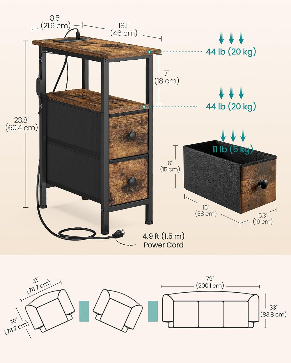 SONGMICS Side Table, Nightstand with Charging Station, End Table with LED Lig...