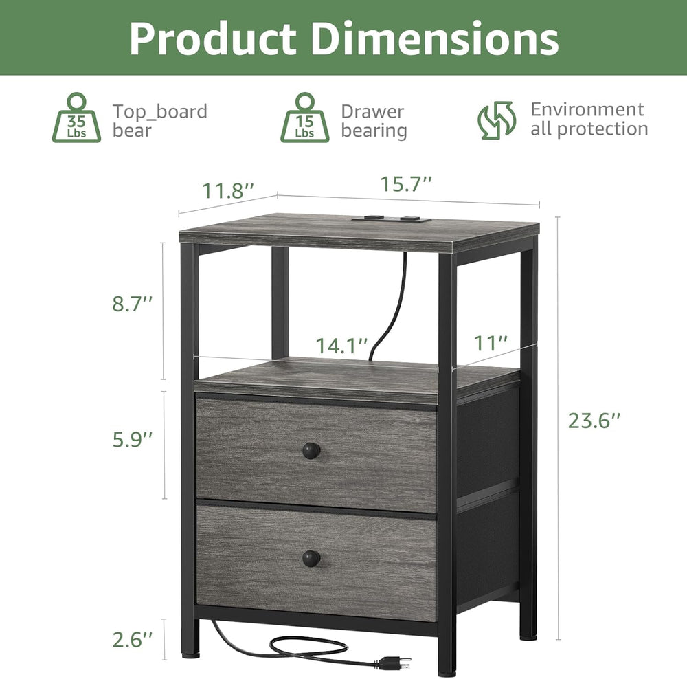 BOLUO Gray Nightstand with Charging Station, LED Night Stand with 2 Fabric Dr...