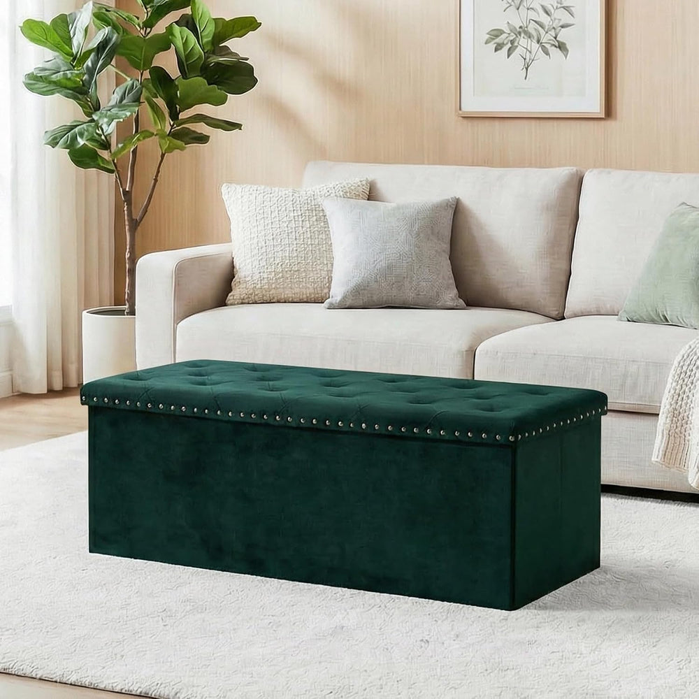 Storage Ottoman Bench, 43 Inches Folding Green Velvet Long Ottoman with Stora...