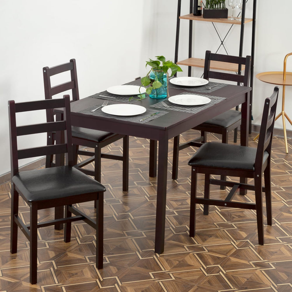 FDW | 5-Piece Solid Pine Wood Dining Table | Brown | Kitchen Table