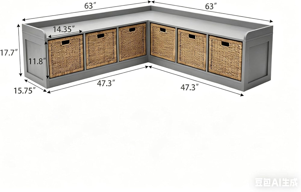 L-Shaped Storage Bench, 63" Corner Entryway Window Bench with 6 Strorage...