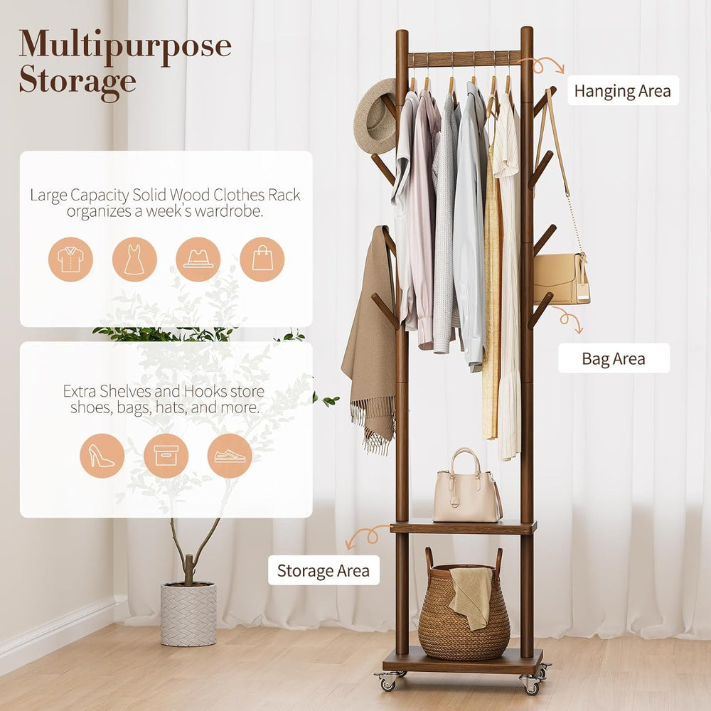 Yoobure Solid Wood Coat Rack Freestanding - Rolling Clothes Rack with 8 Hooks...