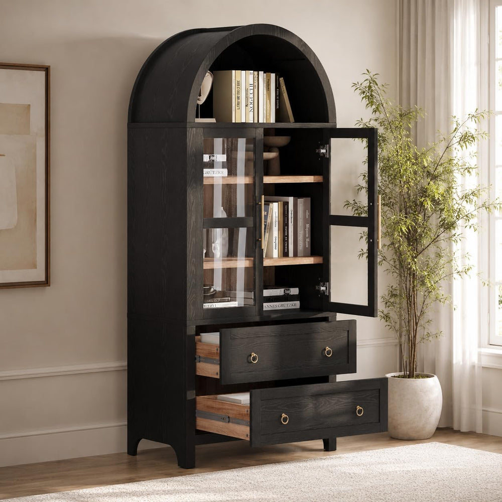 71" Tall Arched Kitchen Pantry Cabinet with Glass Doors, Modern Wood Chi...