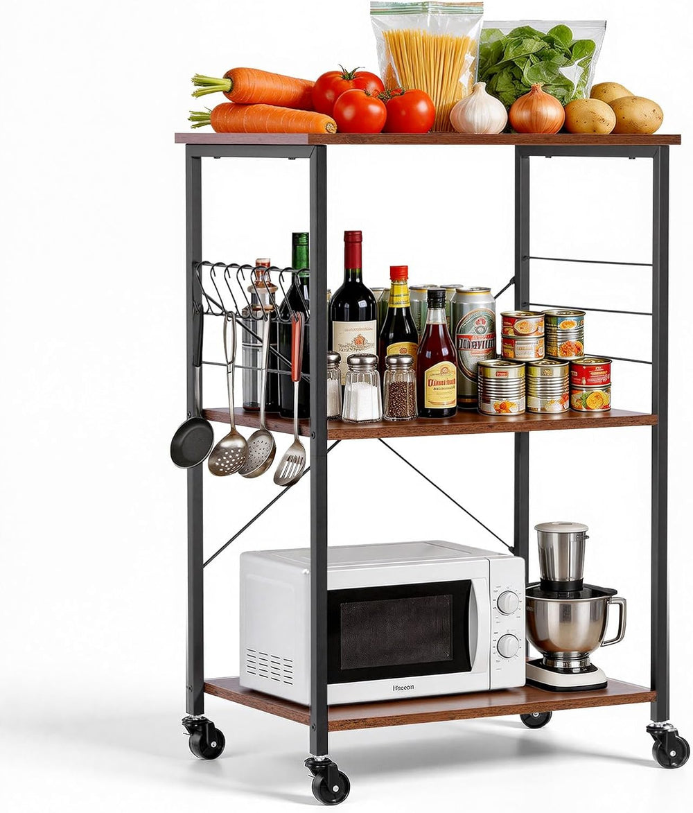 VEVOR 3-Tier Rolling Kitchen Cart, 23.7 in Microwave Stand with Storage, Util...