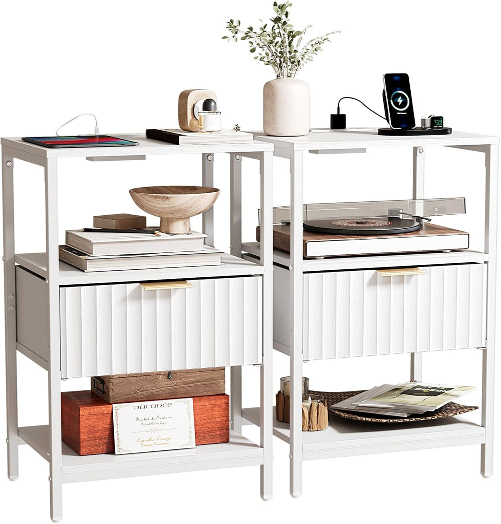 Bonnlo Fluted Nightstand Set of 2, End Table with Fabric Drawer with Charging...