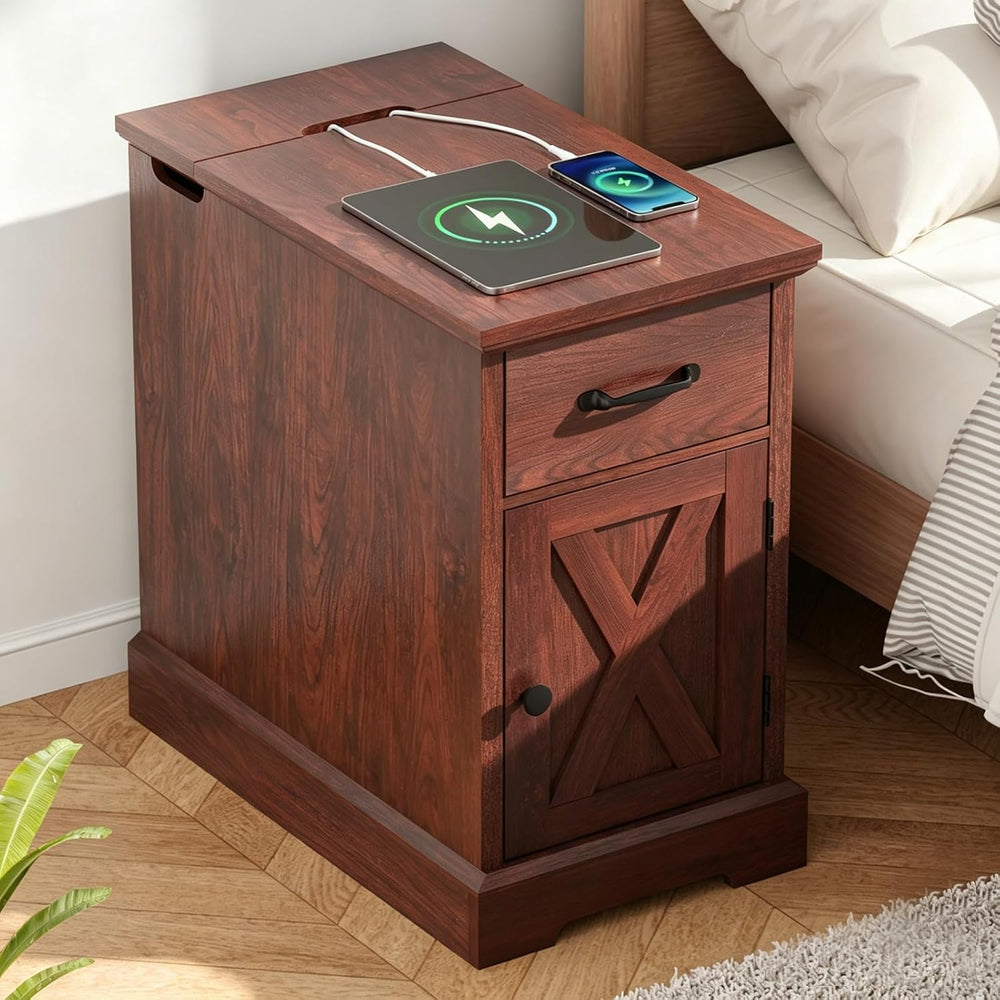 HOMMPA 23.6'' Farmhouse Narrow End Table w/Charging Station Rustic Ch...