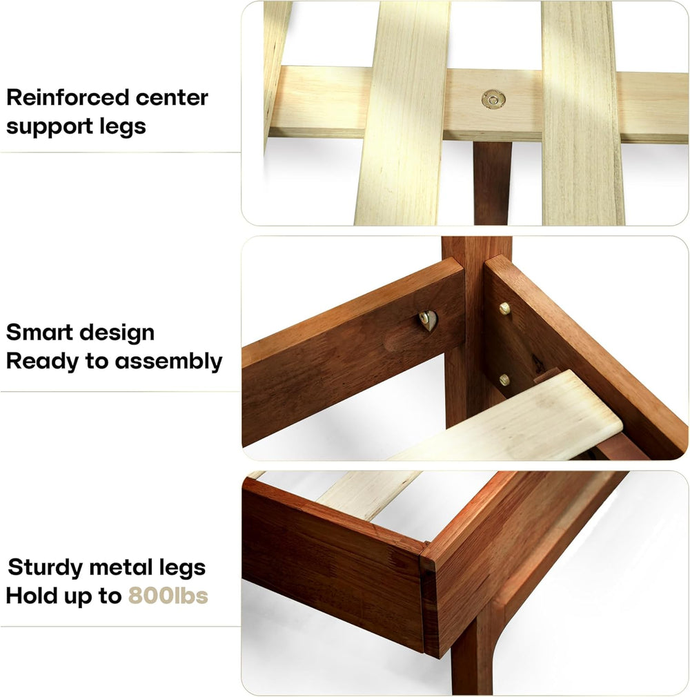 Acacia Elara Wood Bed Frame with CNC-Carved Headboard, Queen Size, Walnut