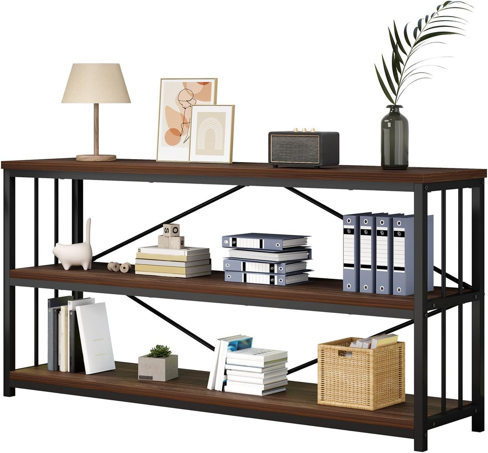 IBF Walnut Low Wide Bookcase, Vintage 63 Inch Long 3 Tier Open Book Shelf