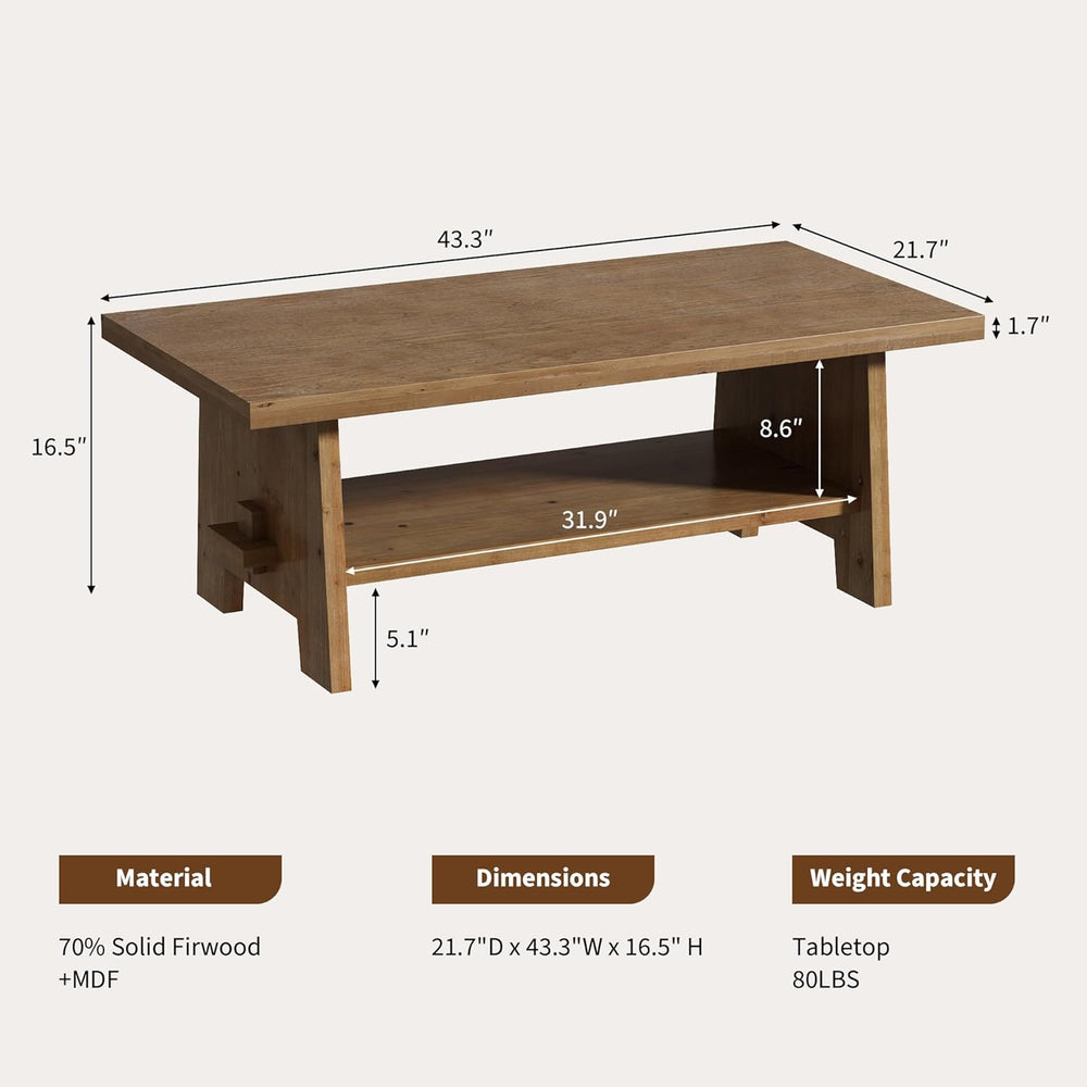 Farmhouse Wood Coffee Table - 43.4" Rectangle Coffee Table Solid Wood Ta...