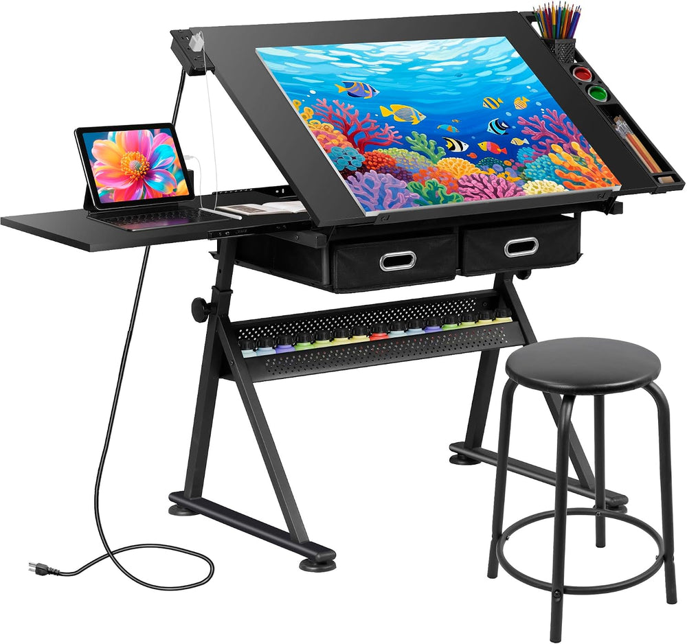 JupiterForce Drafting Table Art Desk w/Power Outlet and Stool, Adjustable Til...