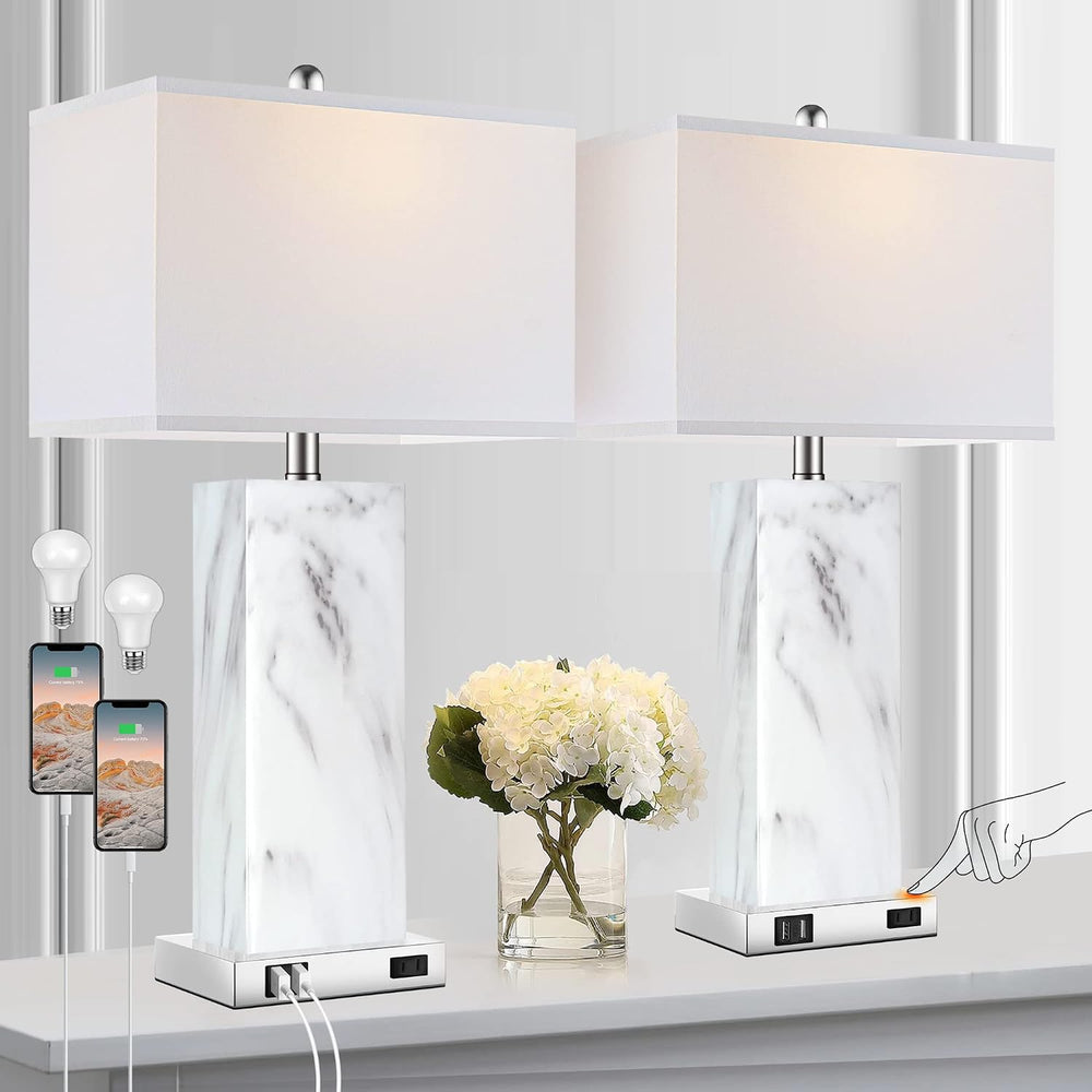 Touch Control Table Lamps Set of 2, Modern Ceramic Bedside Lamp with 2 USB Po...