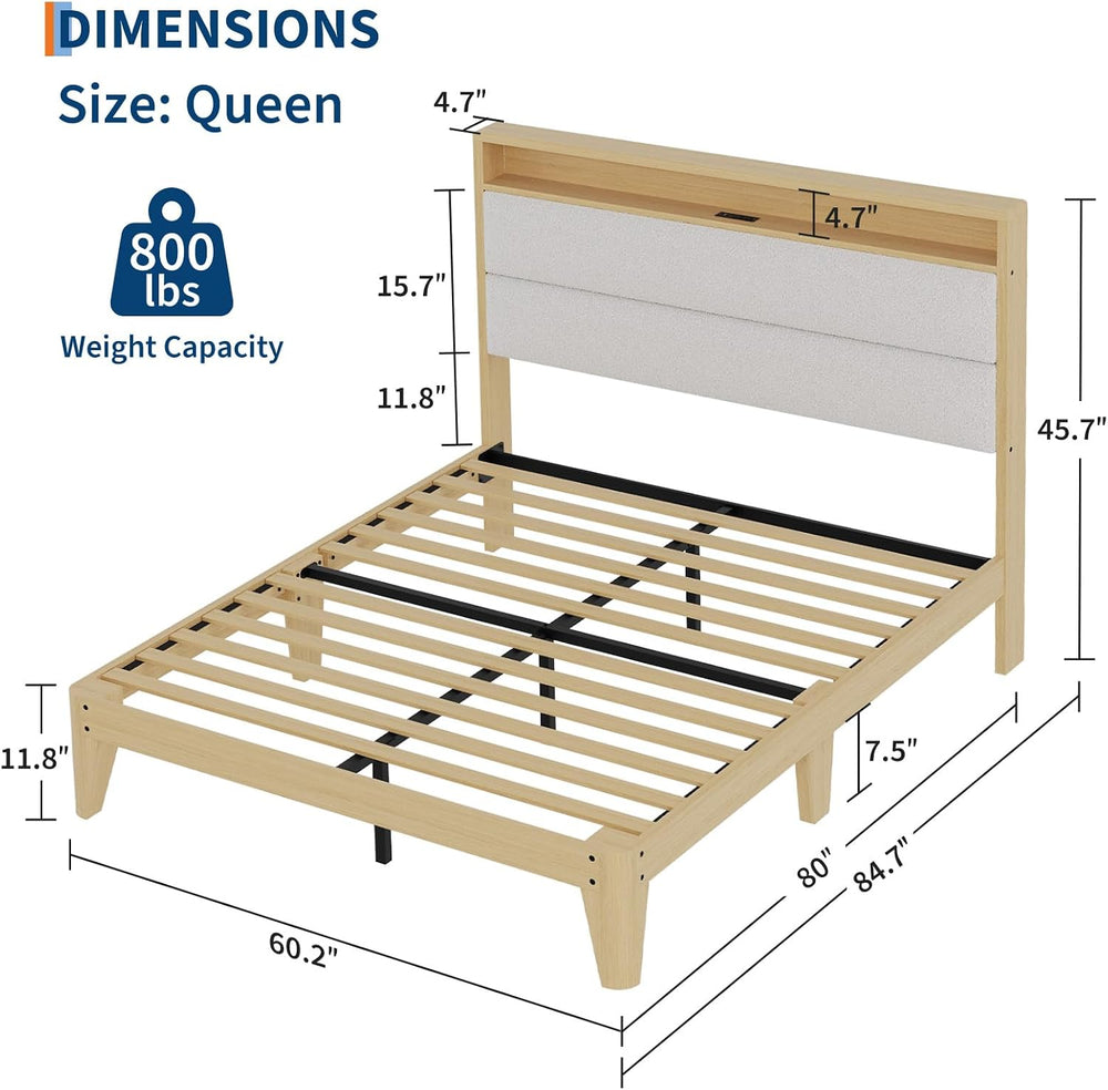Patikuin LED Lighting & Storage Headboard Boucle Platform Bed Frame – Que...
