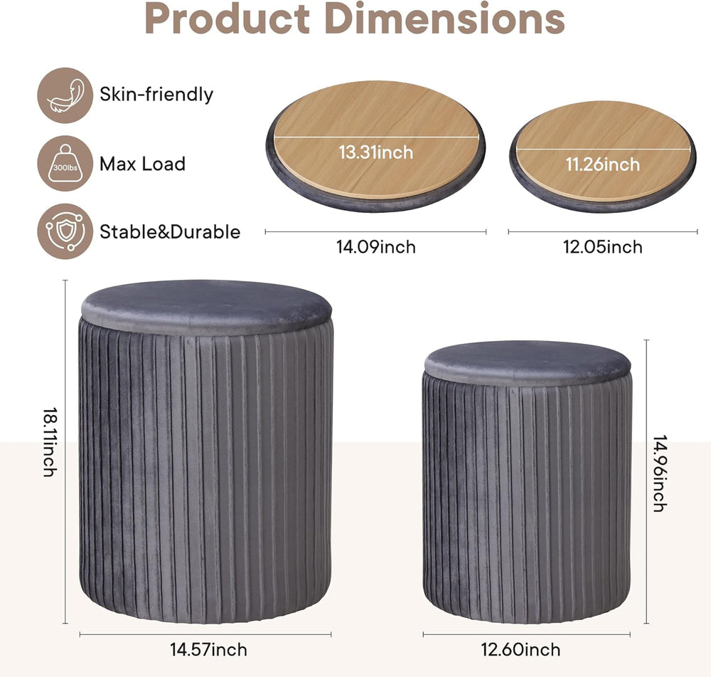 DUMOS Round Ottoman with Storage Set of 2, Vanity Stool Chair with Storage, M...