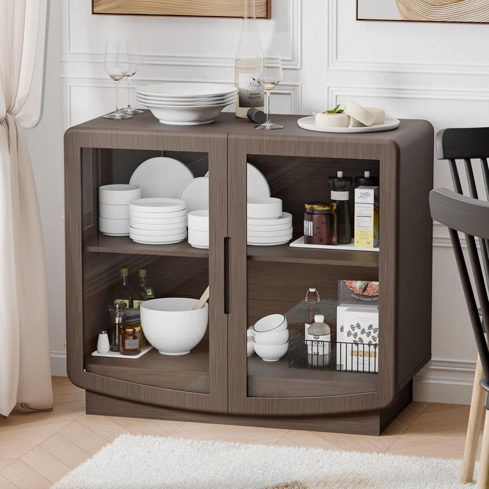 35" Sideboard Buffet Cabinet with Storage, Walnut Glass 2-Door Cabinet w...