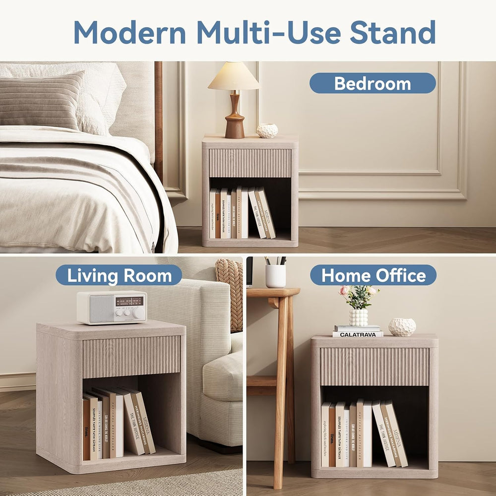 OLIXIS Set of 2 Modern Nightstand, 22.7" Fluted Drawer Wood Bedside Tabl...