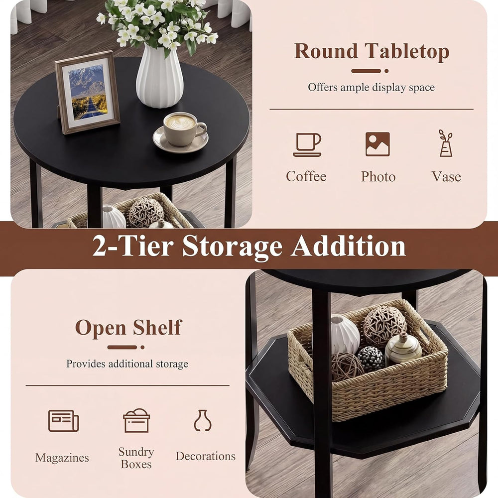 GOFLAME 2-Tier Round End Table, 20” Couch Sofa Side Table with Octagonal Stor...