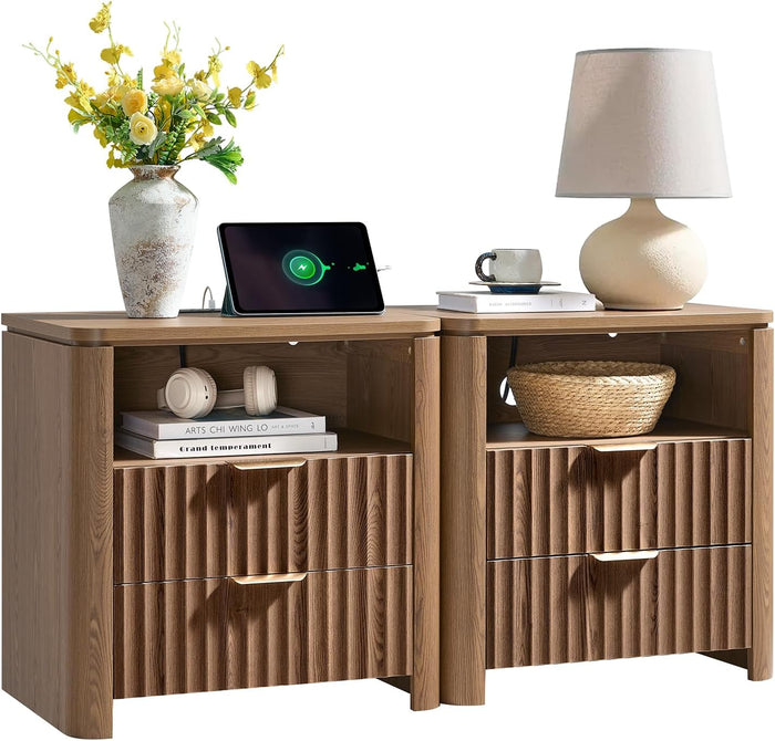 Fluted Nightstand Set of 2 with Charging Station, 23.7" Wide Modern End Table with 2 Drawers, Wooden Bedside Table for Bedroom, Curved Profile Design, Brown
