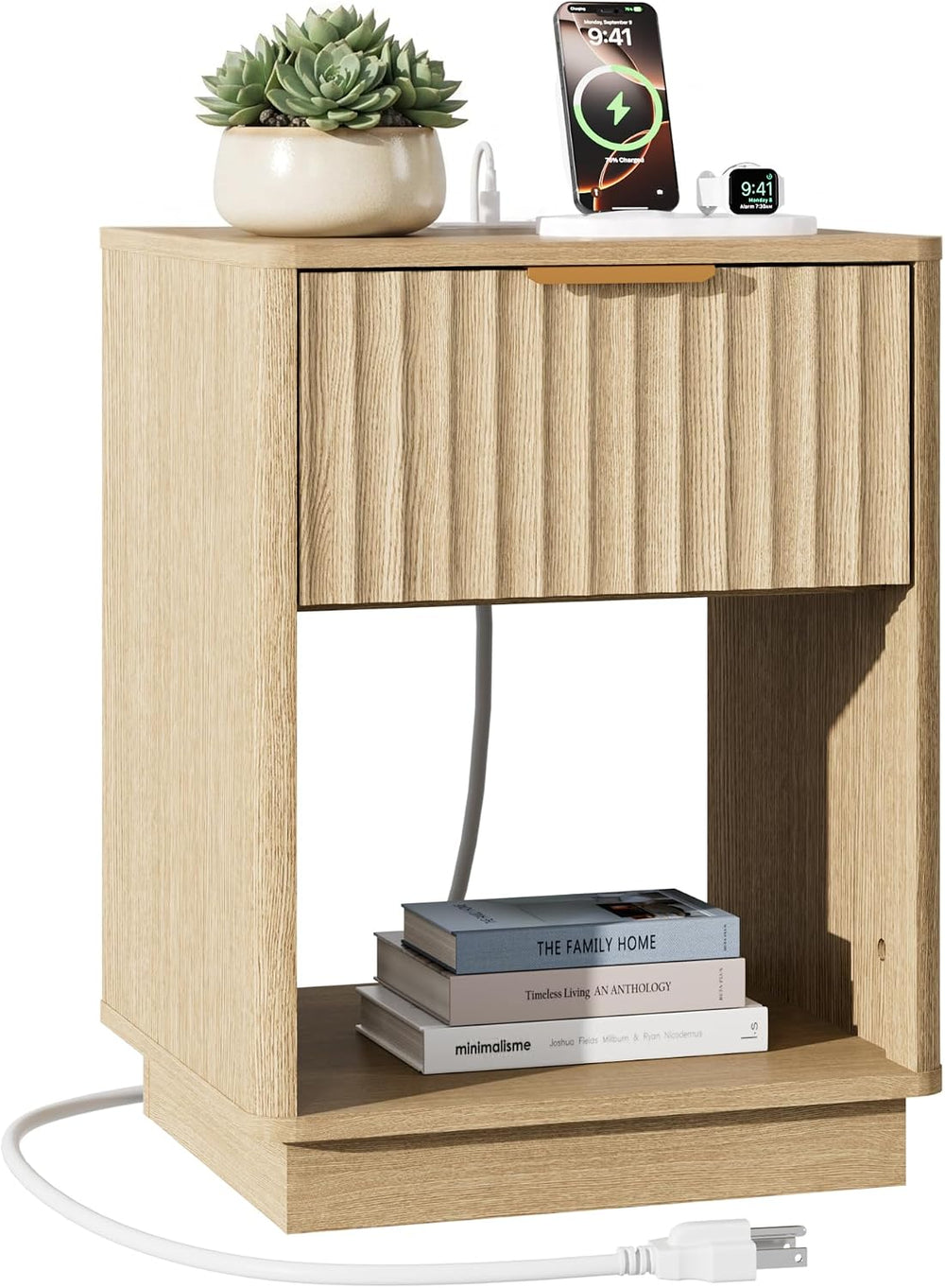 Fluted Nightstand with Charging Station, 18" W Night Stand with Metal Ha...