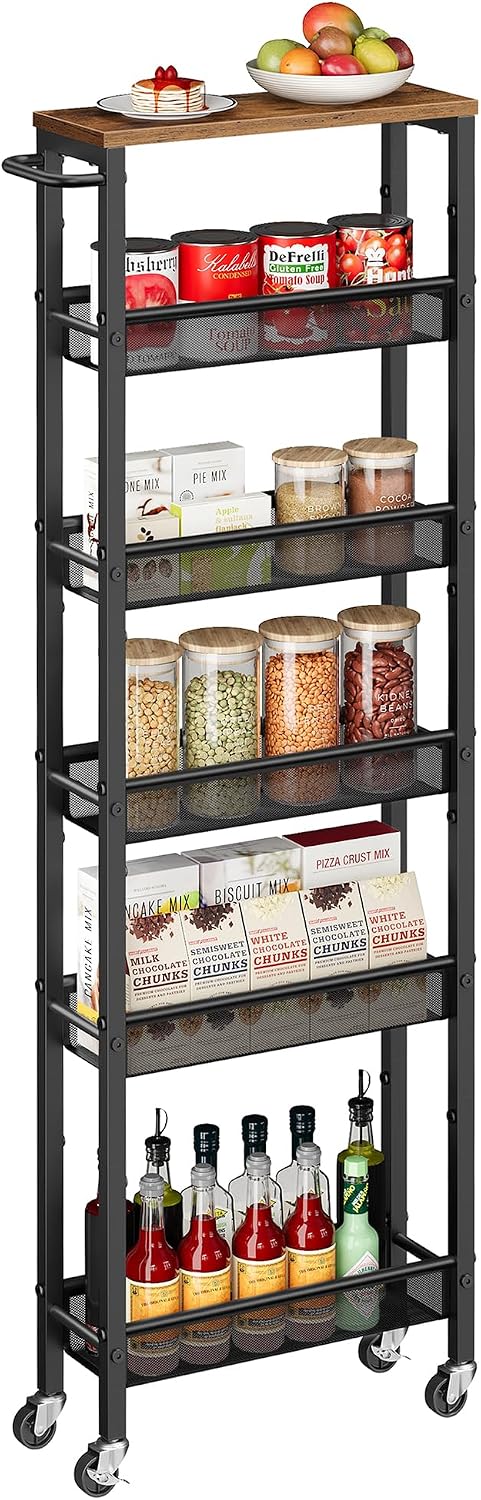 VASAGLE Slim Storage Cart, 6-Tier Rolling Utility Cart, Skinny Shelf for Kitc...