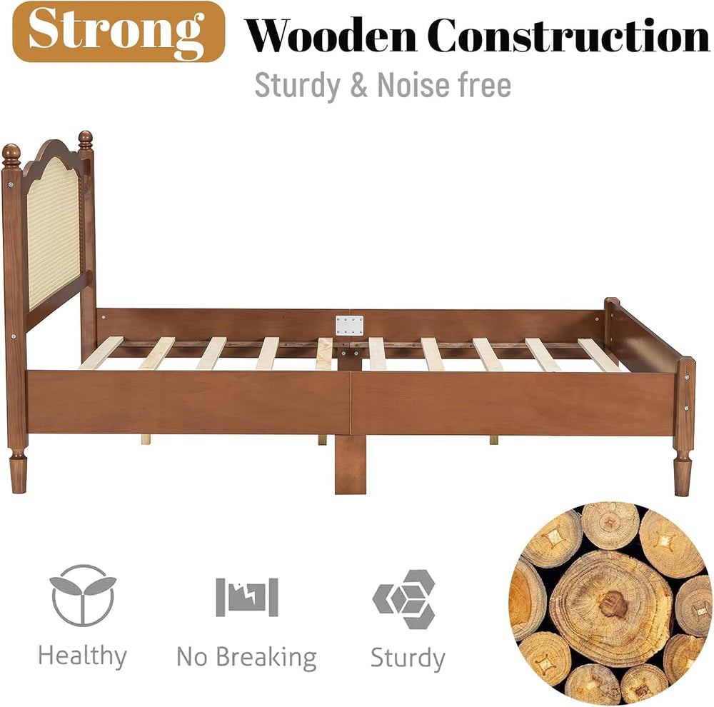 Full Size Wood Bed Frame with Rattan Headboard, Solid Wood Platform Bed Frame...
