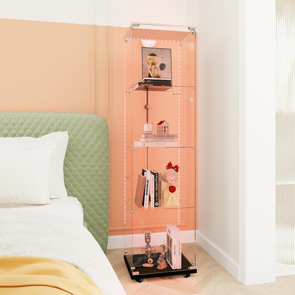 4-Shelf Glass Display Cabinet with LED Lights Strip and Lock, Curio Cabinets ...