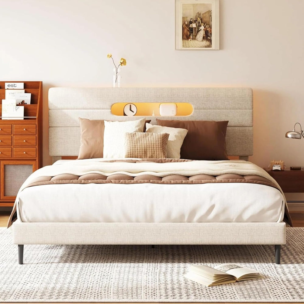 Sismplly Full Bed Frame with Linen Headboard, Platform Bed Frame with Upholst...