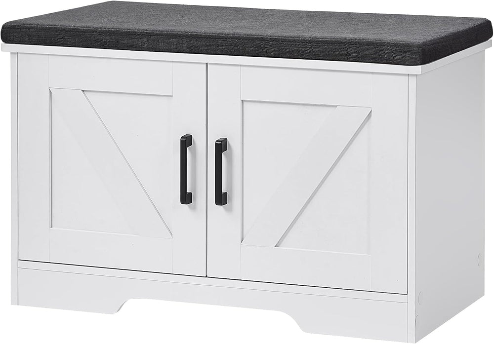 HOMSHO Farmhouse Shoe Storage Bench with 2 Barn Doors & Padded Seat Cushi...