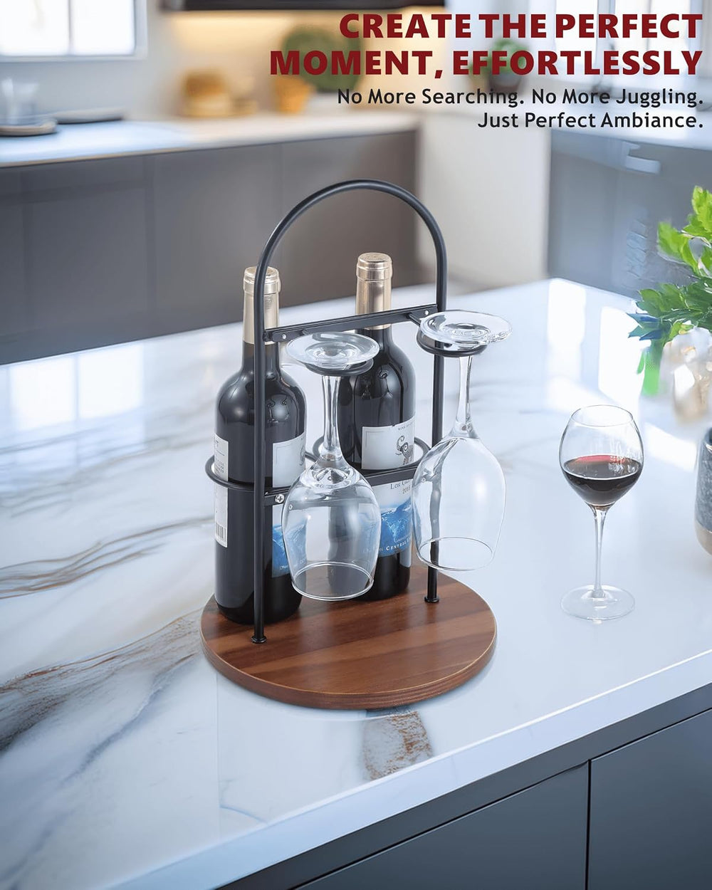Wine Bottle and Glass Holder for Countertop | Small Wine Rack for 2 Bottles &...