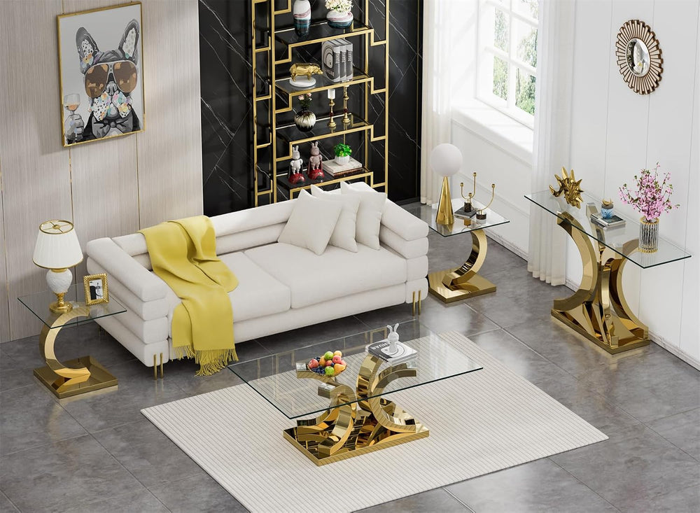 Modern Square Glass End Side Table with C-Shape Gold Stainless Steel Base, 22...