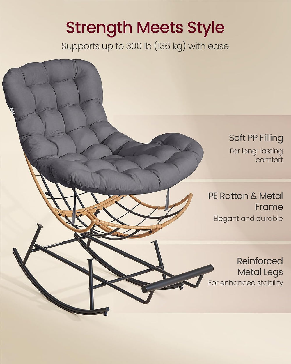 VASAGLE Papasan Chair, Outdoor Rocking Chair, Outdoor Furniture, Steel Frame,...